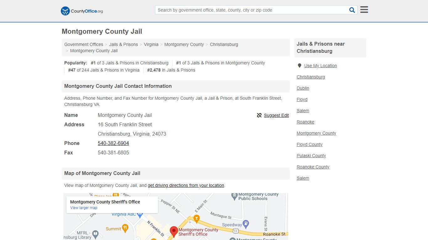 Montgomery County Jail - Christiansburg, VA (Address, Phone, and Fax)